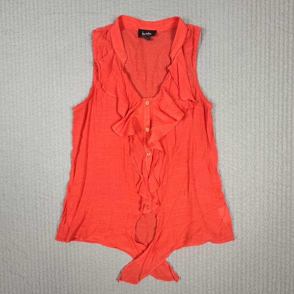 By & By Vibrant Orange Ruffle V-Neck Tie Front Sleeveless Blouse Large